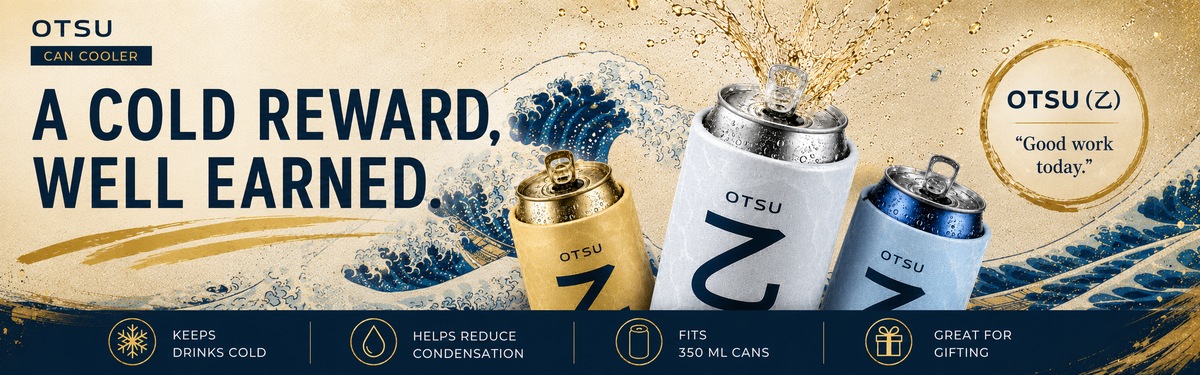 Silver, gold, and clear blue OTSU can coolers against a blue wave